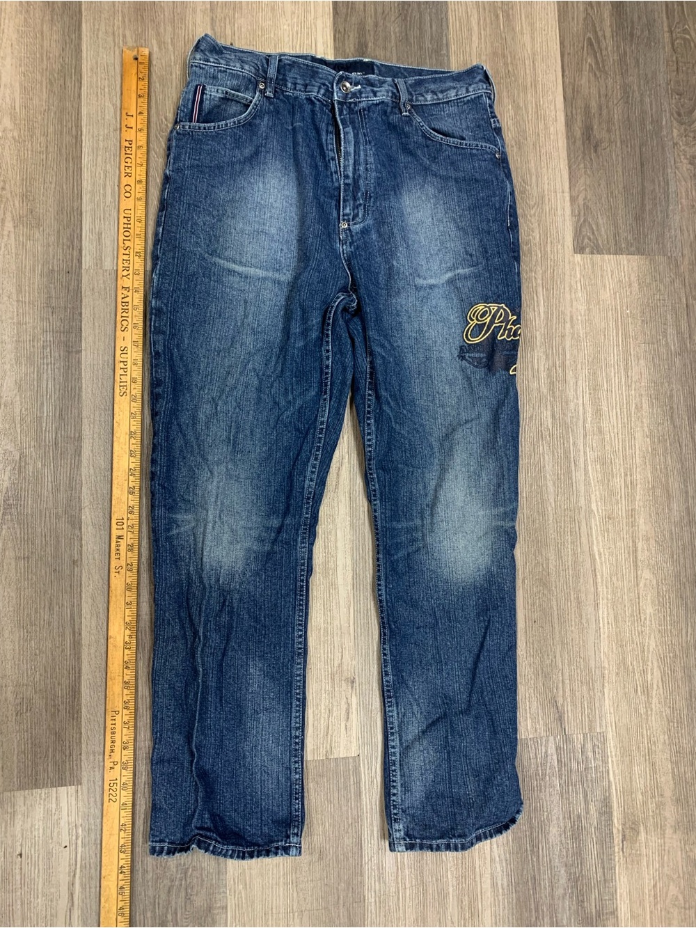 Phat Farm Men's Blue Denim Relaxed Jeans with Script Embroidery